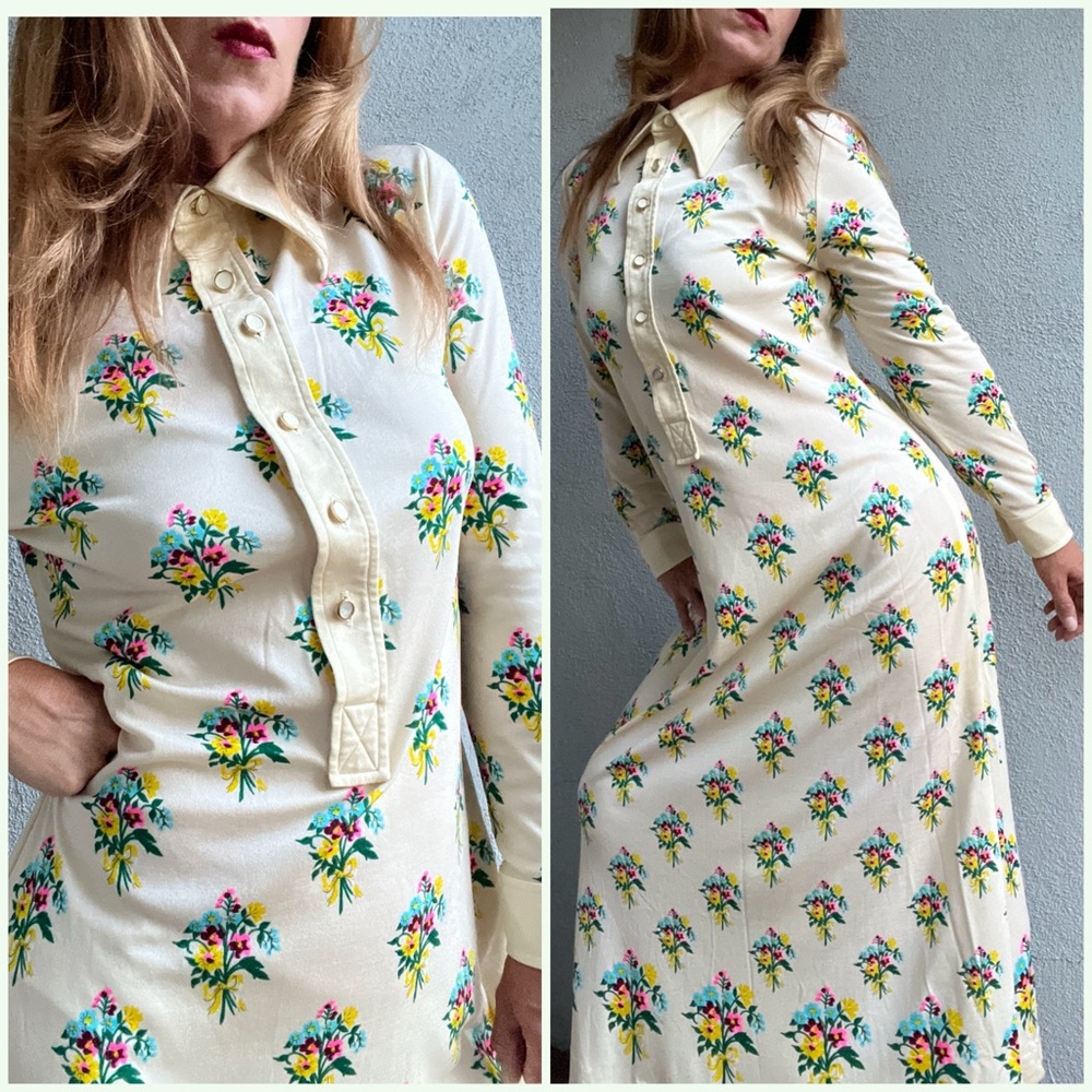 Vintage Mr Dino Floral Long Sleeve Buttoned Dagger Collar Maxi Dress Sz 10